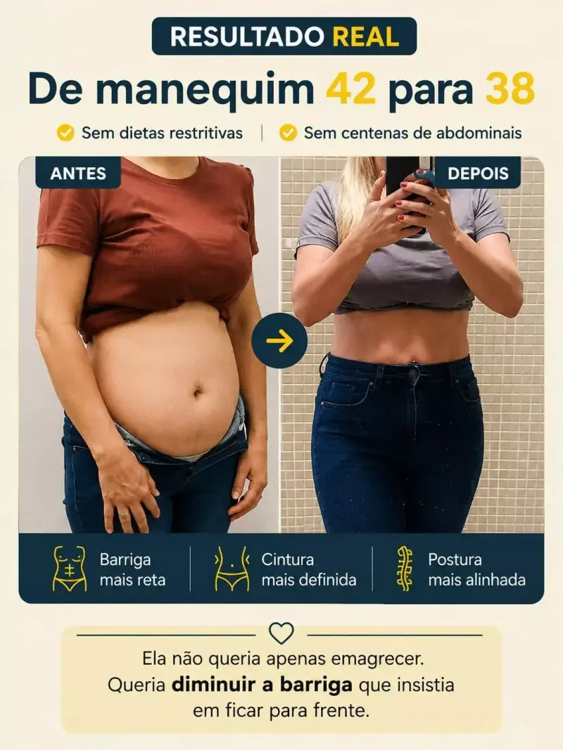Antes e depois — resultado real: de manequim 42 para 38 com o Método Ativa & Afina.
